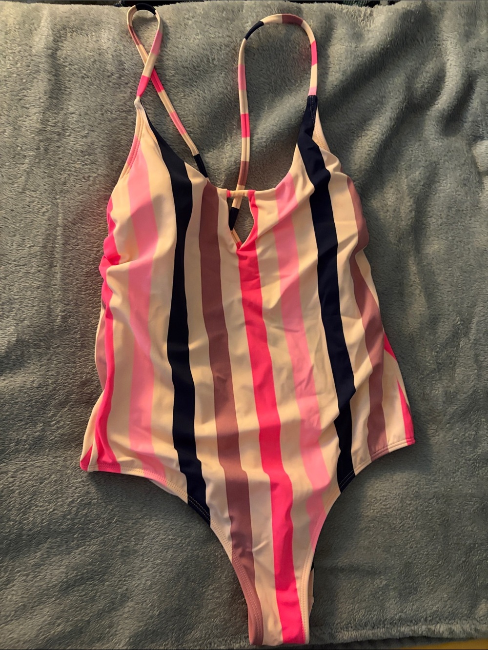 Xhilaration Pink Navy Cream Striped One-Piece Swimsuit